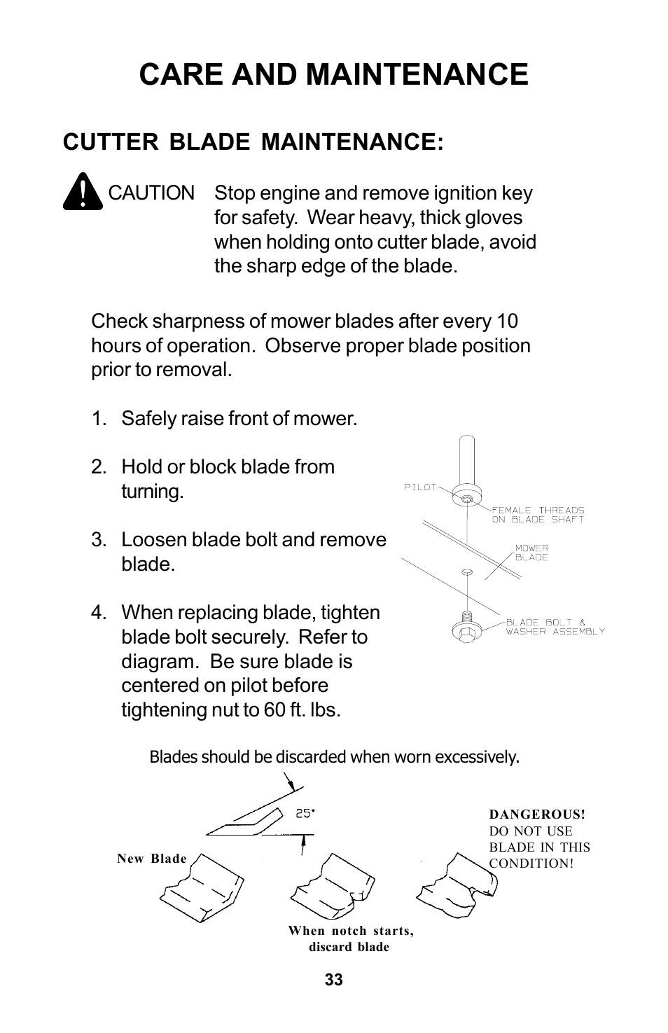 Care and maintenance, Cutter blade maintenance | Dixon Zeeter Zero-Turn Riding Mower User Manual | Page 33 / 52