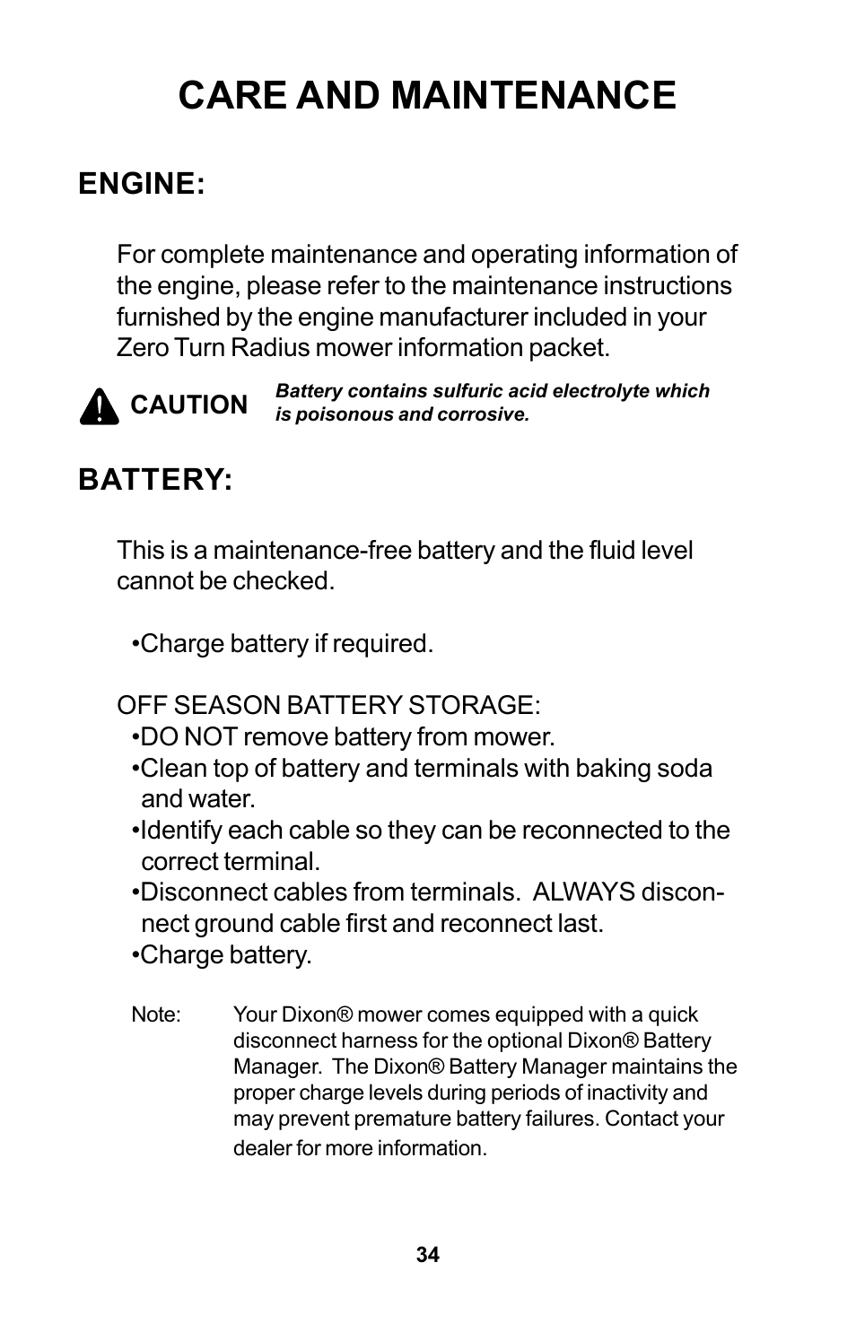 Care and maintenance, Engine, Battery | Dixon Zeeter Zero-Turn Riding Mower User Manual | Page 34 / 52