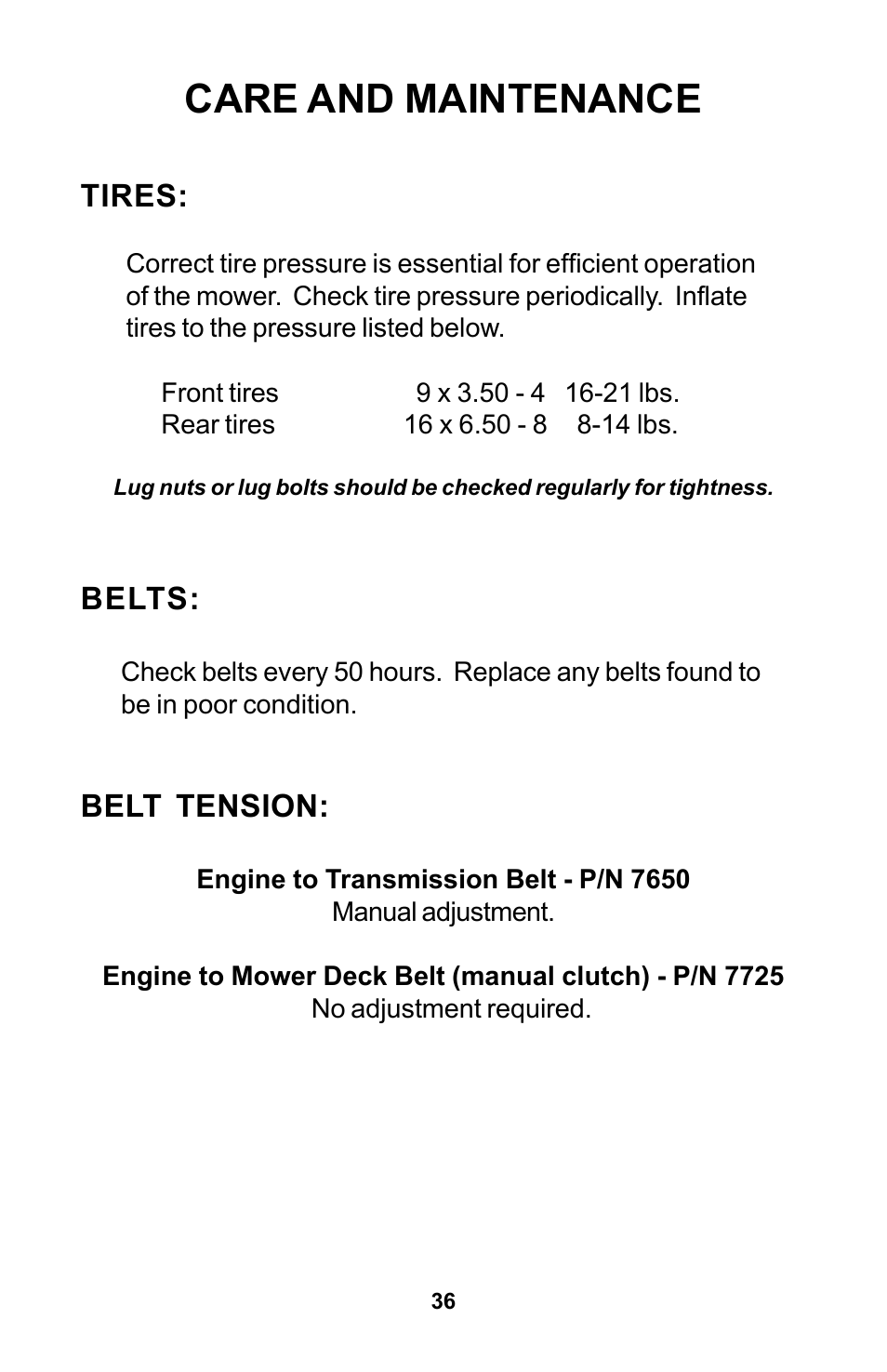 Care and maintenance, Belts, Belt tension | Tires | Dixon Zeeter Zero-Turn Riding Mower User Manual | Page 36 / 52