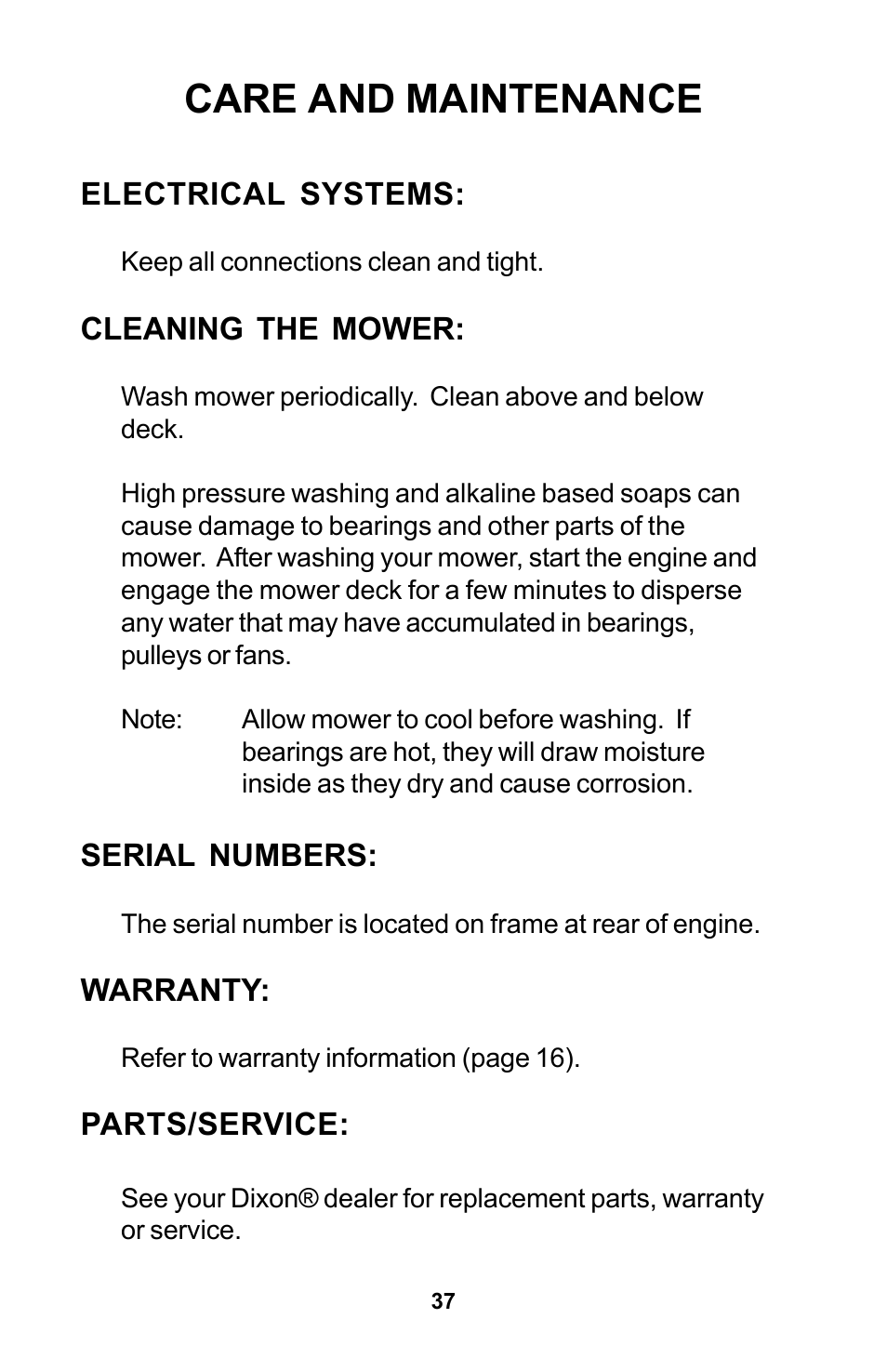 Care and maintenance | Dixon Zeeter Zero-Turn Riding Mower User Manual | Page 37 / 52