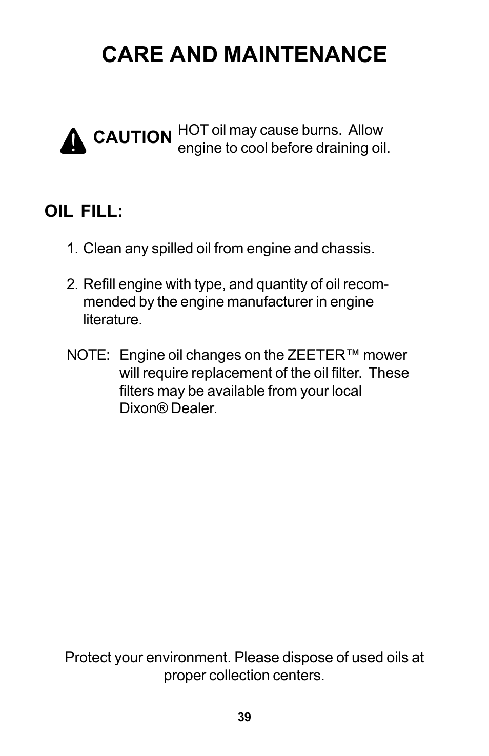 Care and maintenance | Dixon Zeeter Zero-Turn Riding Mower User Manual | Page 39 / 52