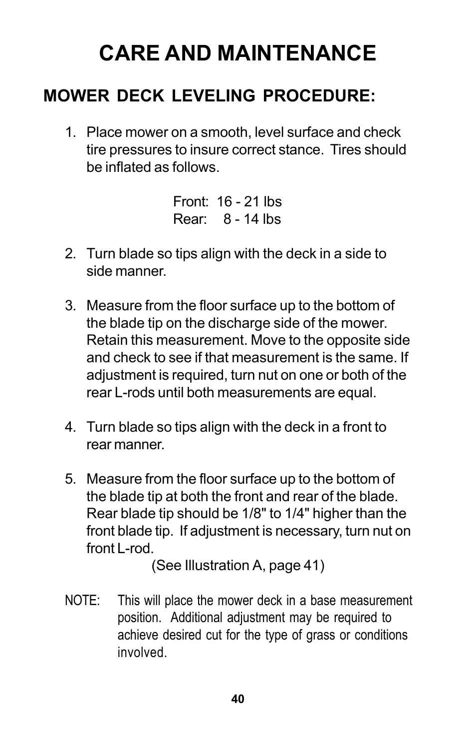 Care and maintenance, Mower deck leveling procedure | Dixon Zeeter Zero-Turn Riding Mower User Manual | Page 40 / 52