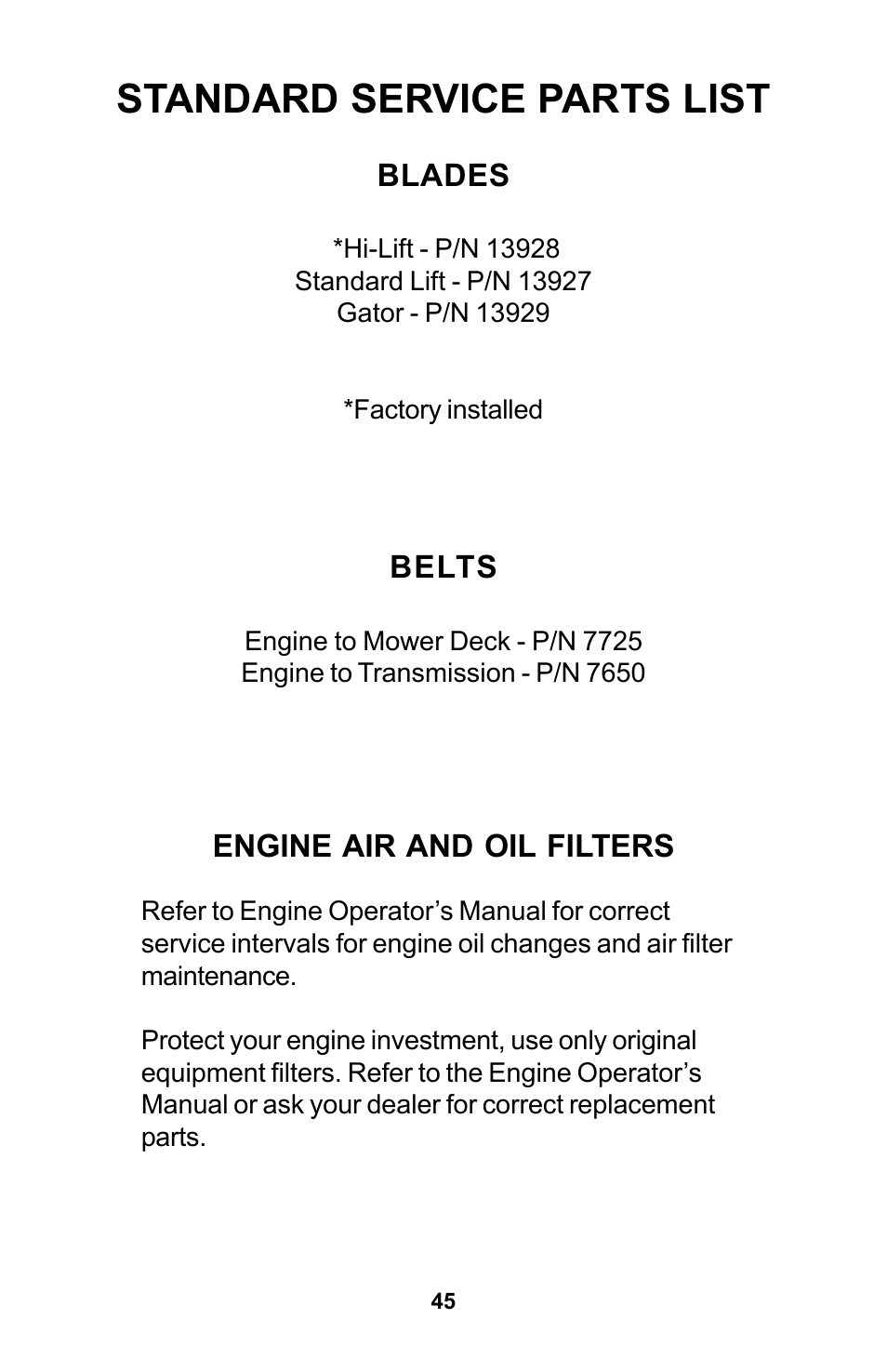 Standard service parts list | Dixon Zeeter Zero-Turn Riding Mower User Manual | Page 45 / 52