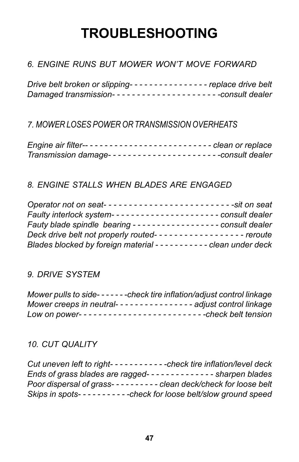 Troubleshooting | Dixon Zeeter Zero-Turn Riding Mower User Manual | Page 47 / 52