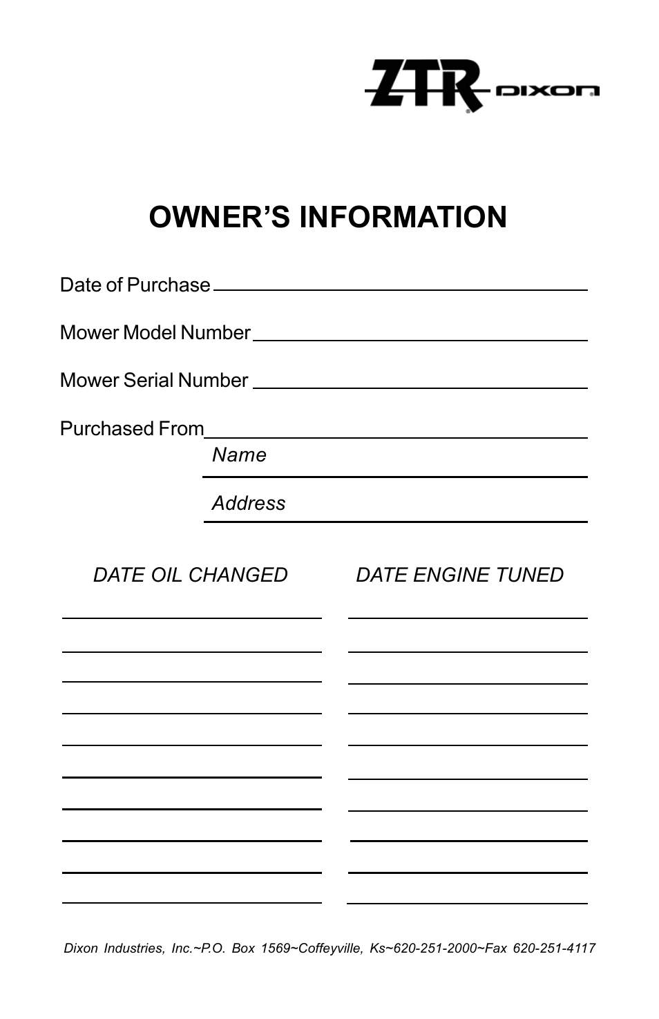 Owner’s information | Dixon Zeeter Zero-Turn Riding Mower User Manual | Page 51 / 52