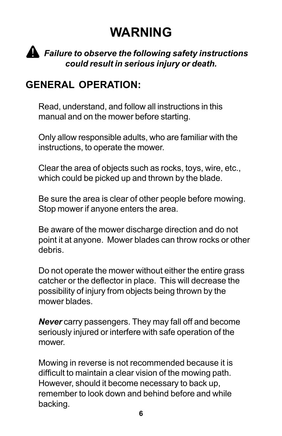 Warning, General operation | Dixon Zeeter Zero-Turn Riding Mower User Manual | Page 6 / 52