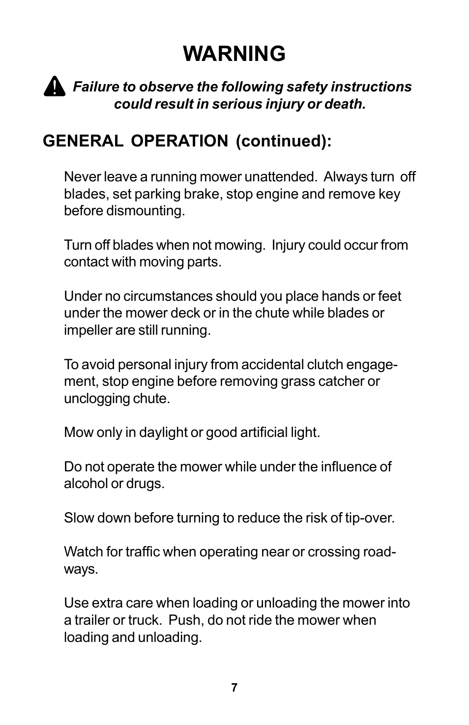 Warning, General operation (continued) | Dixon Zeeter Zero-Turn Riding Mower User Manual | Page 7 / 52