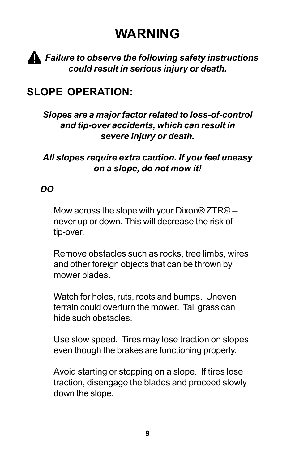 Warning, Slope operation | Dixon Zeeter Zero-Turn Riding Mower User Manual | Page 9 / 52