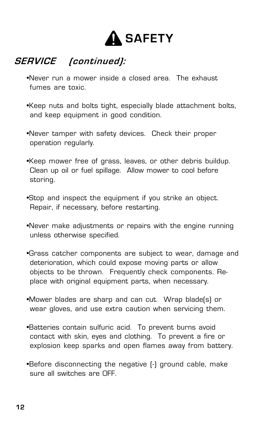 Safety, Service (continued) | Dixon Zeeter 14186-0303 User Manual | Page 12 / 48