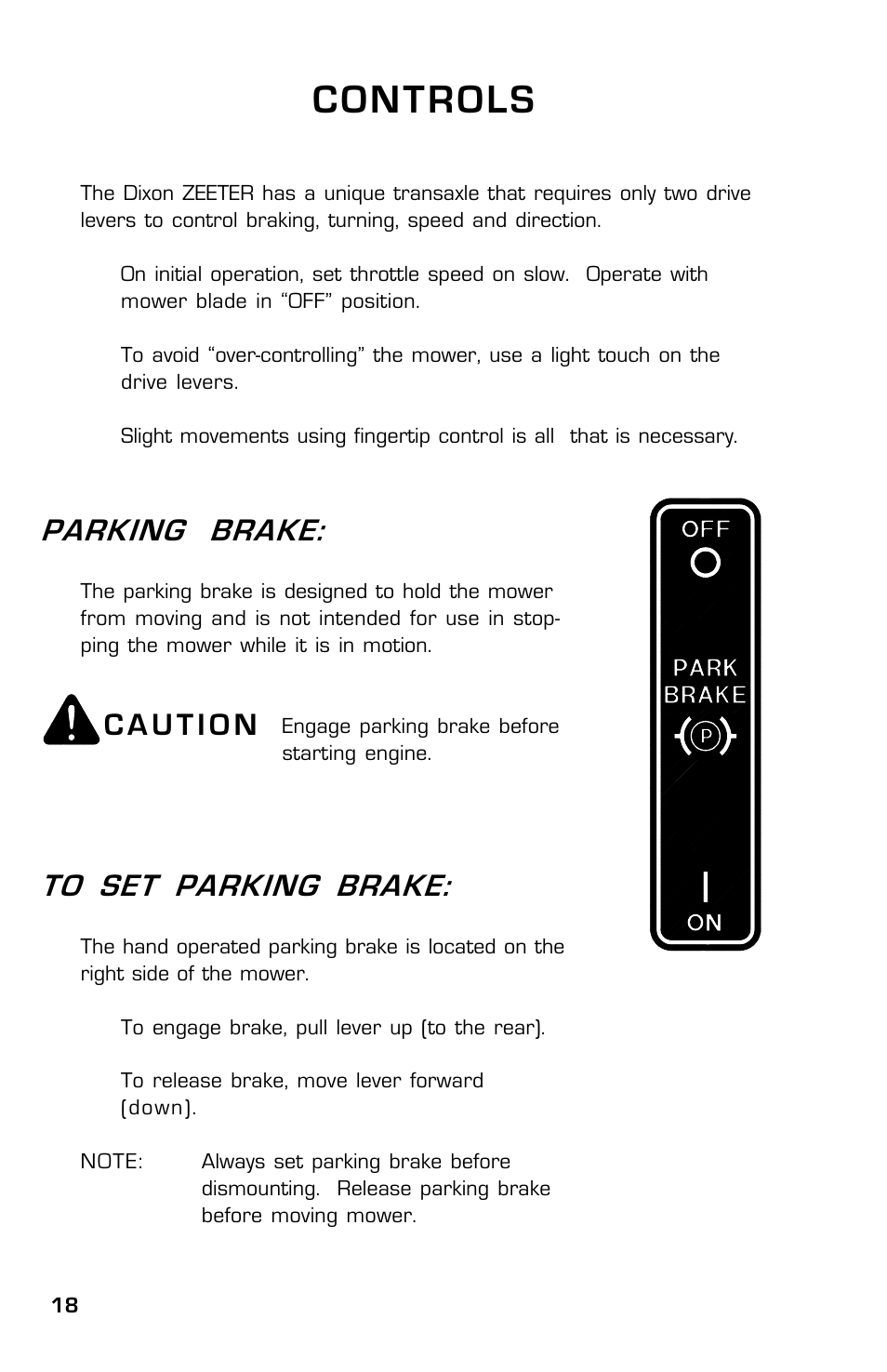 Controls, Caut ion, Parking brake | Dixon Zeeter 14186-0303 User Manual | Page 18 / 48