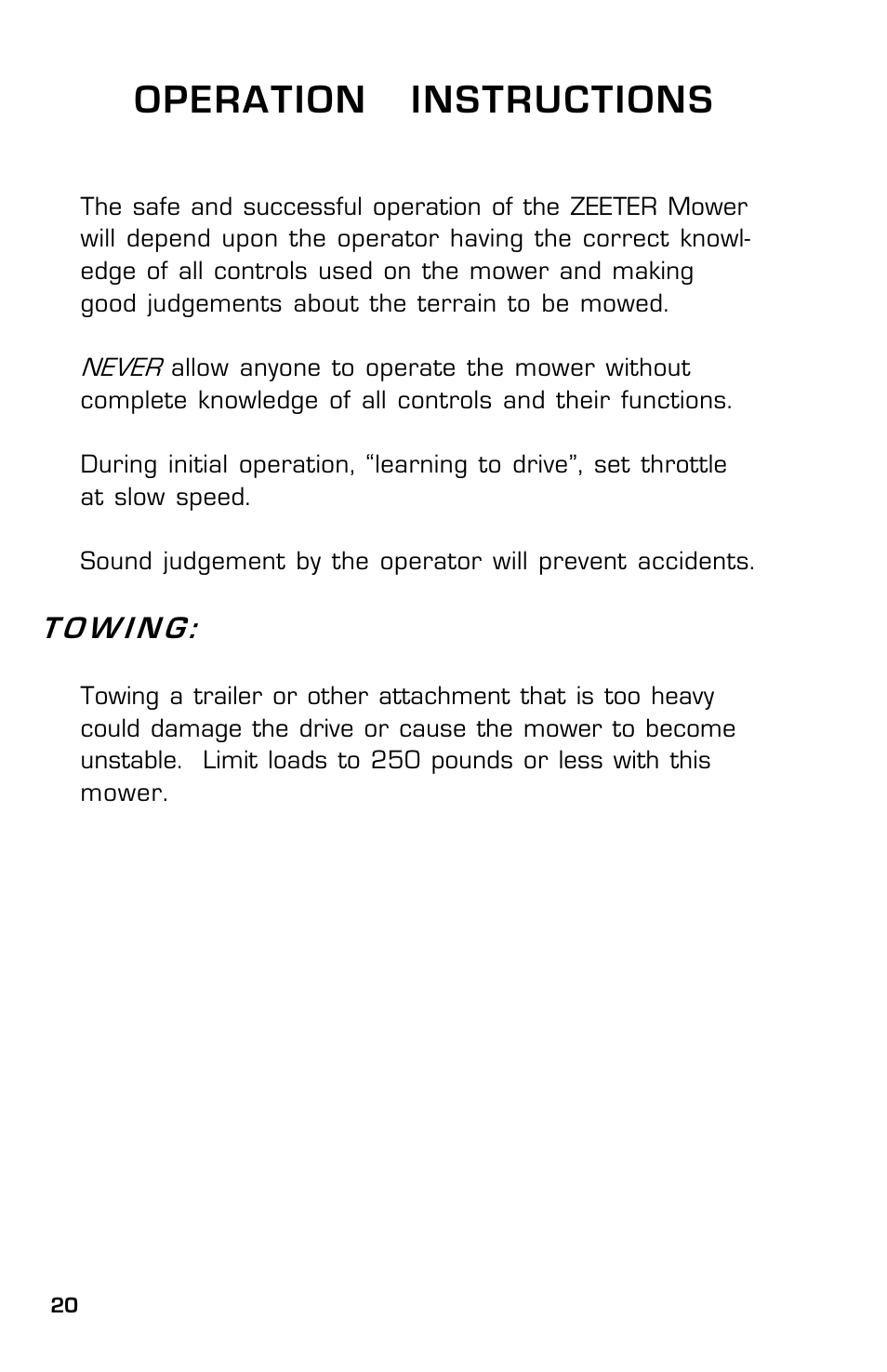 Operation instructions | Dixon Zeeter 14186-0303 User Manual | Page 20 / 48