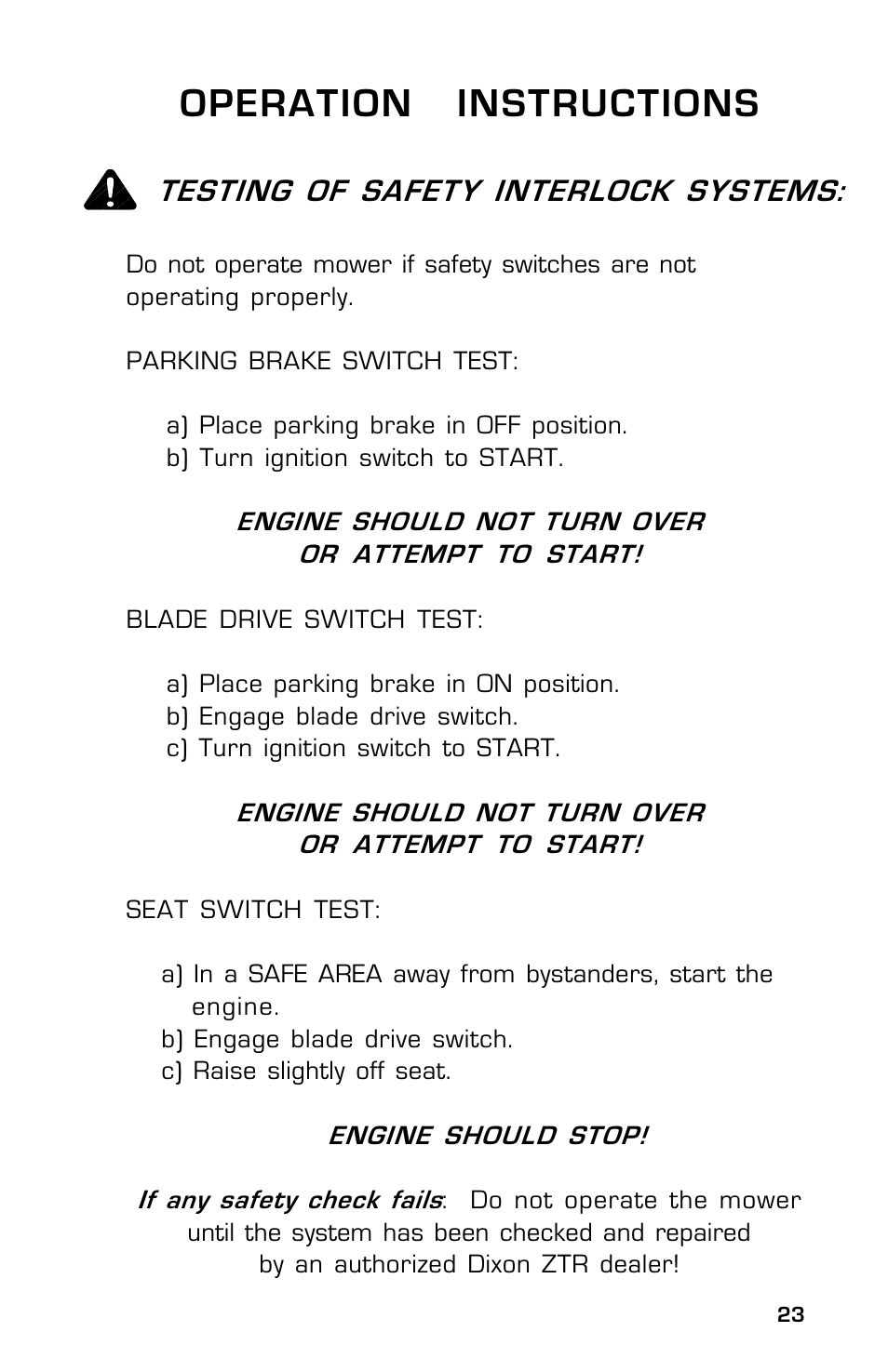 Operation instructions, Testing of safety interlock systems | Dixon Zeeter 14186-0303 User Manual | Page 23 / 48