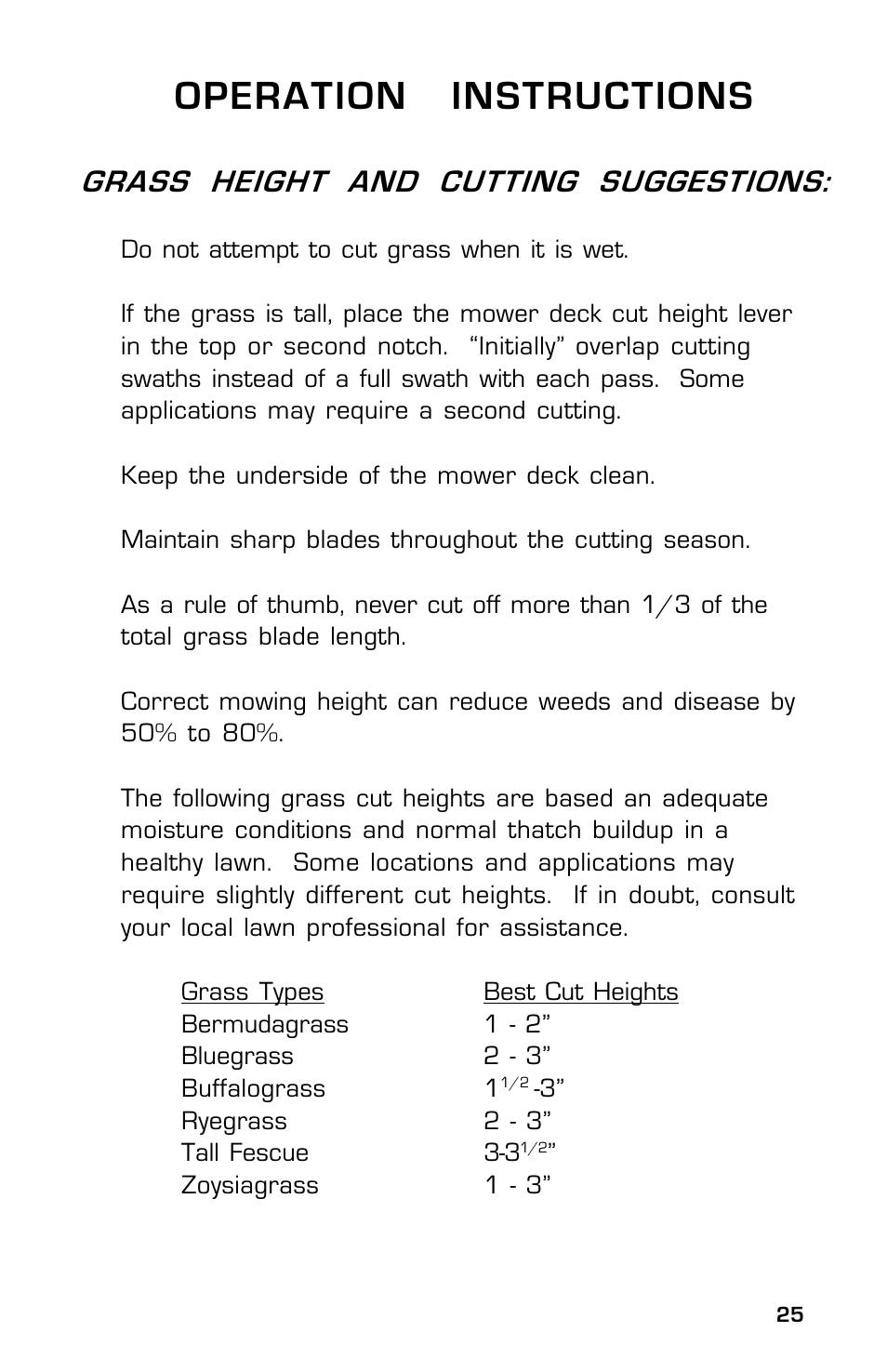 Operation instructions, Grass height and cutting suggestions | Dixon Zeeter 14186-0303 User Manual | Page 25 / 48