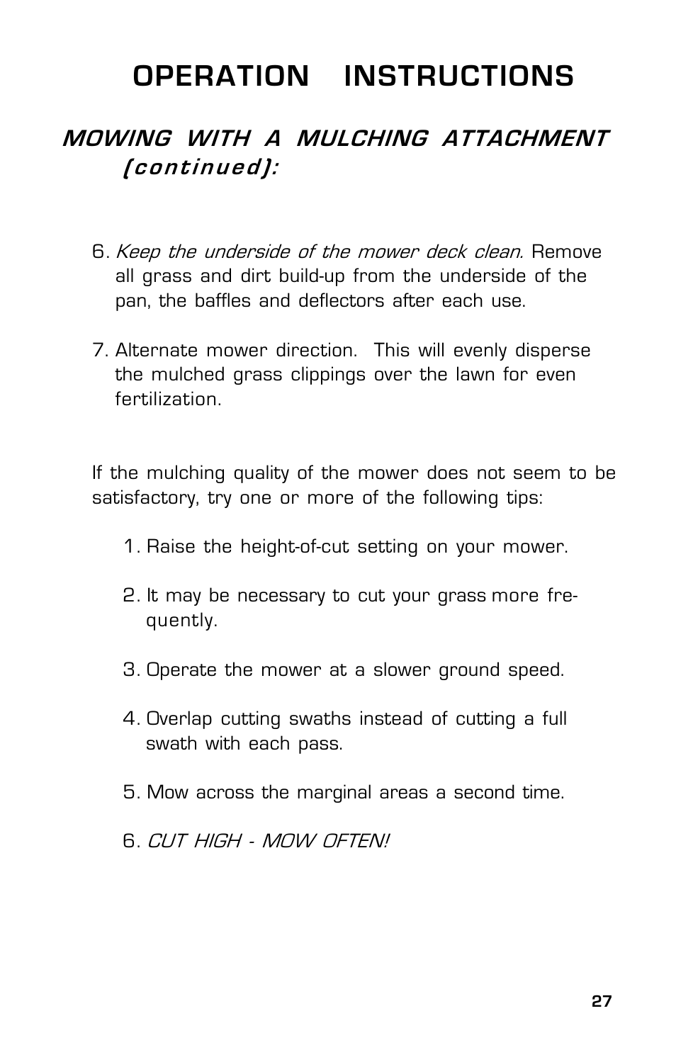 Operation instructions, Mowing with a mulching attachment (continued) | Dixon Zeeter 14186-0303 User Manual | Page 27 / 48