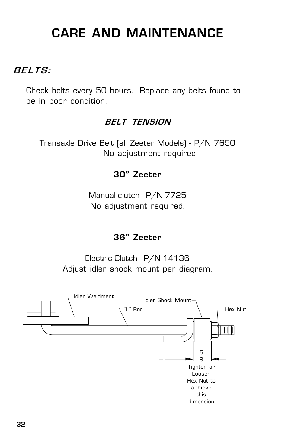 Care and maintenance, Belts | Dixon Zeeter 14186-0303 User Manual | Page 32 / 48