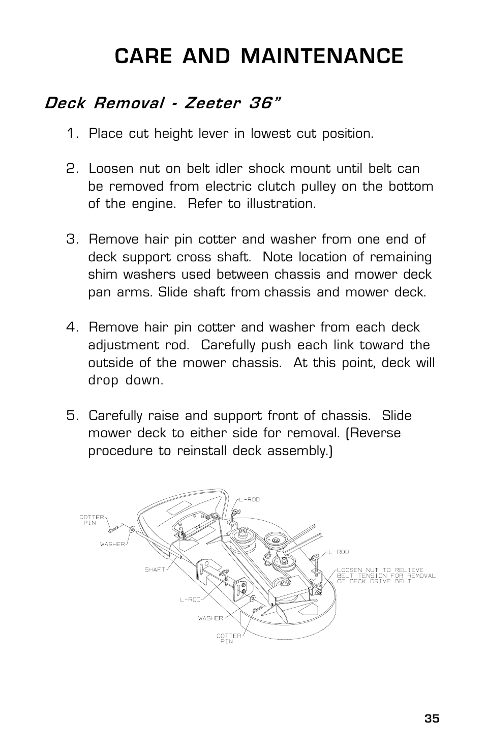 Care and maintenance, Deck removal - zeeter 36 | Dixon Zeeter 14186-0303 User Manual | Page 35 / 48