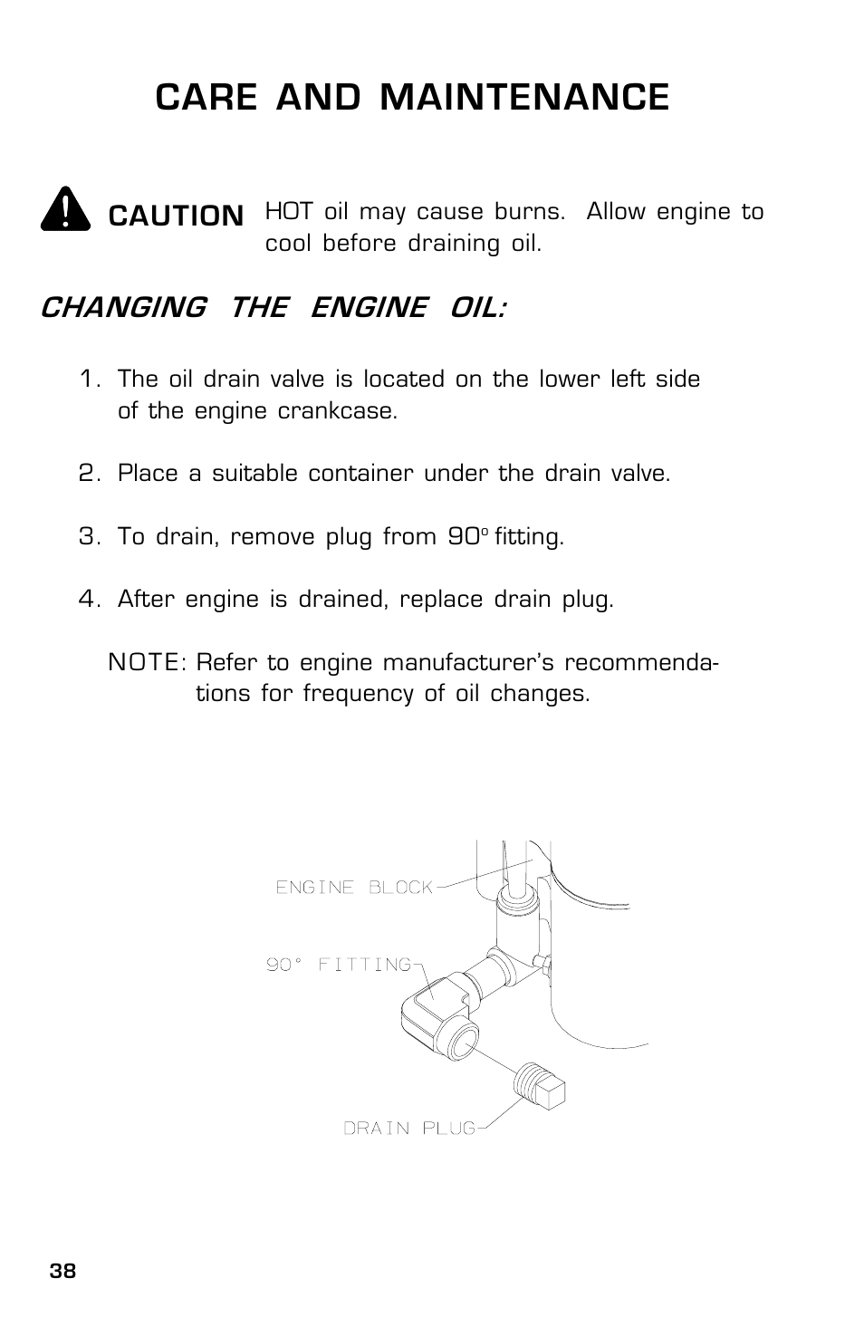 Care and maintenance, Changing the engine oil, Caution | Dixon Zeeter 14186-0303 User Manual | Page 38 / 48