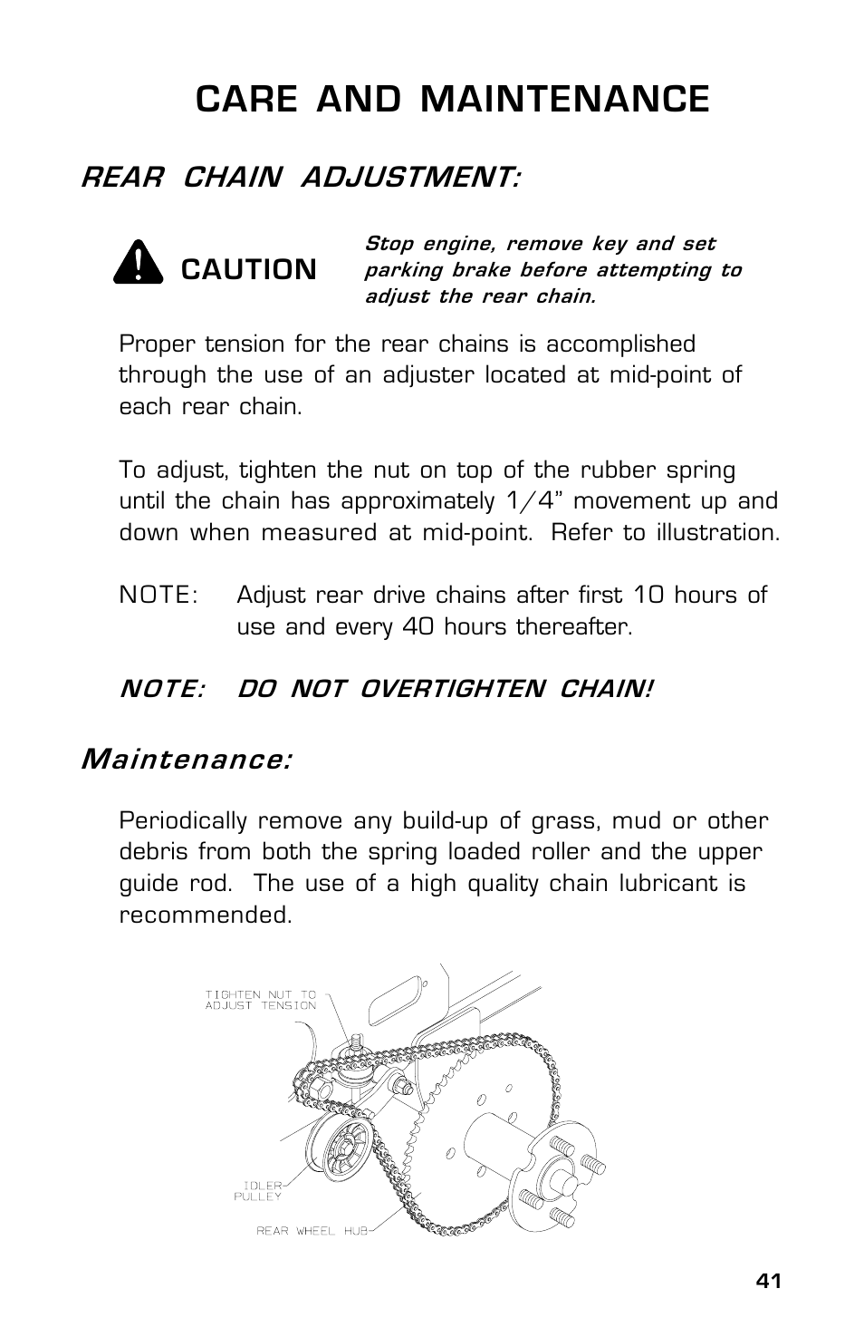 Care and maintenance, Caution, Rear chain adjustment | Maintenance | Dixon Zeeter 14186-0303 User Manual | Page 41 / 48