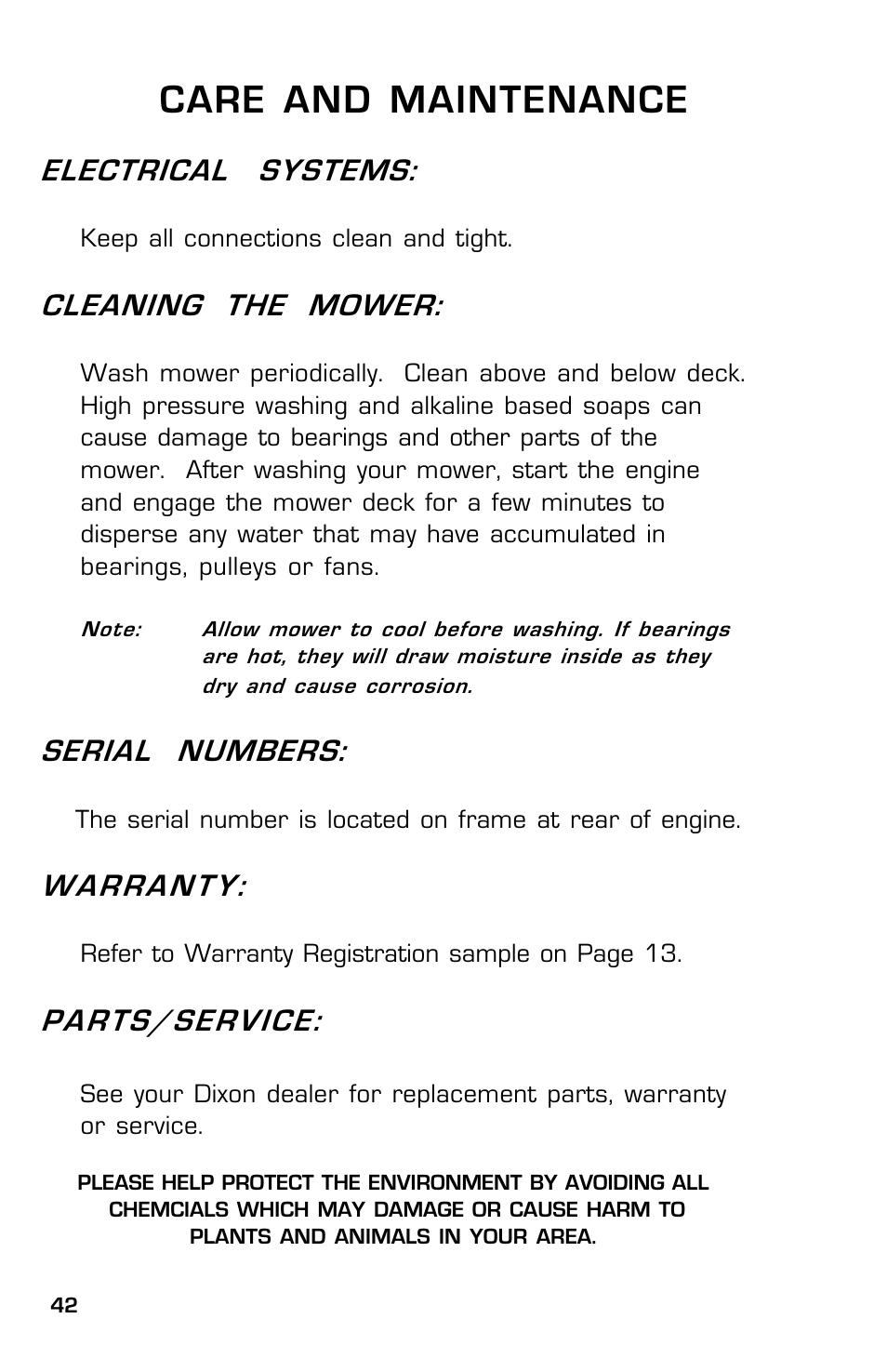 Care and maintenance, Electrical systems, Cleaning the mower | Serial numbers, Warranty, Parts/service | Dixon Zeeter 14186-0303 User Manual | Page 42 / 48