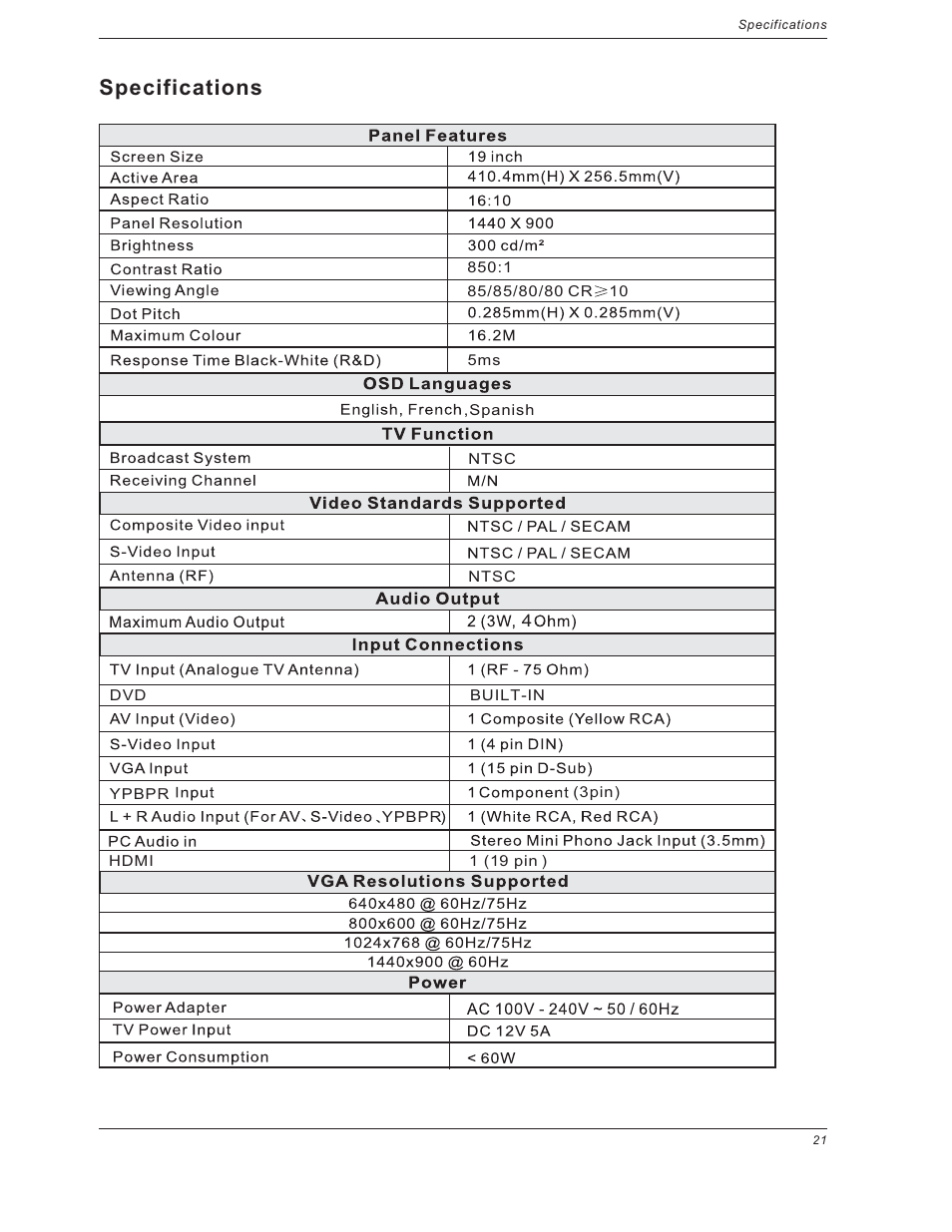 Specifications | Curtis LCDVD191 User Manual | Page 23 / 23