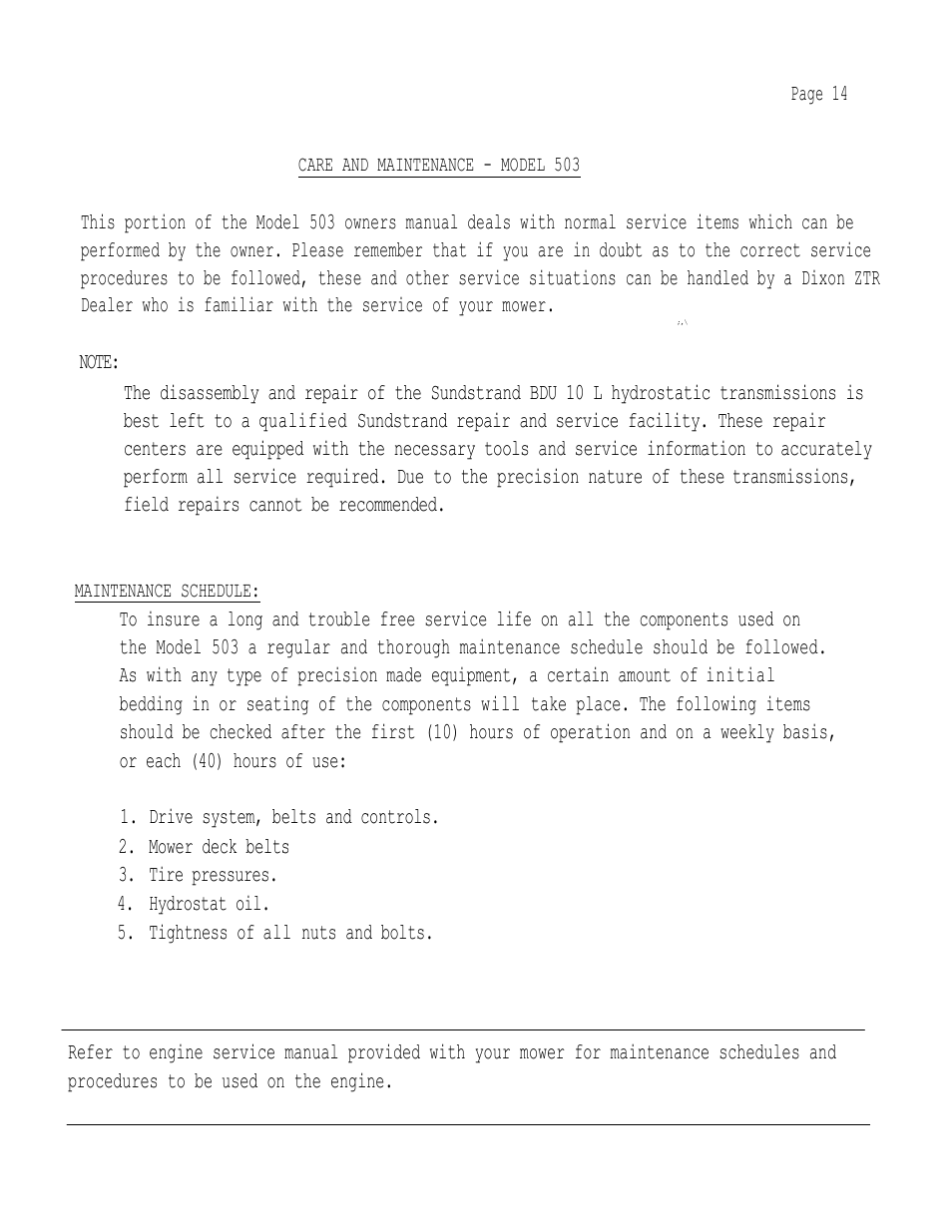 Page 14, Drive system, belts and controls, Mower deck belts | Tire pressures, Hydrostat oil, Tightness of all nuts and bolts | Dixon 503 User Manual | Page 17 / 33