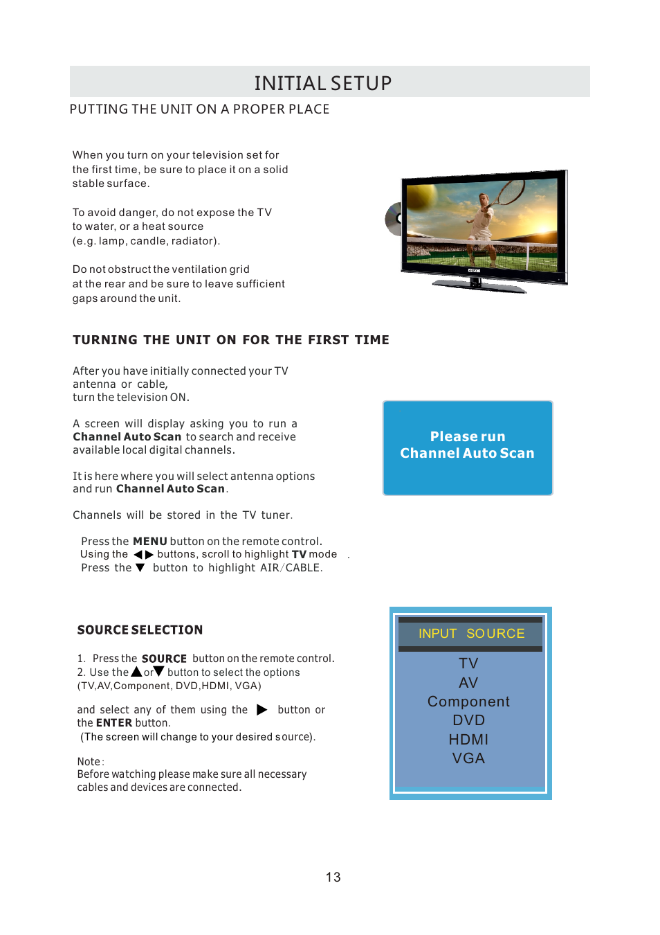 Initial setup, Tv av component hdmi vga dvd | Curtis LCDVD2440A User Manual | Page 16 / 45