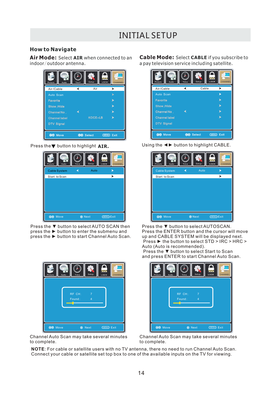 Initial setup, Air mode, Cable mode | How to navigate | Curtis LCDVD2440A User Manual | Page 17 / 45