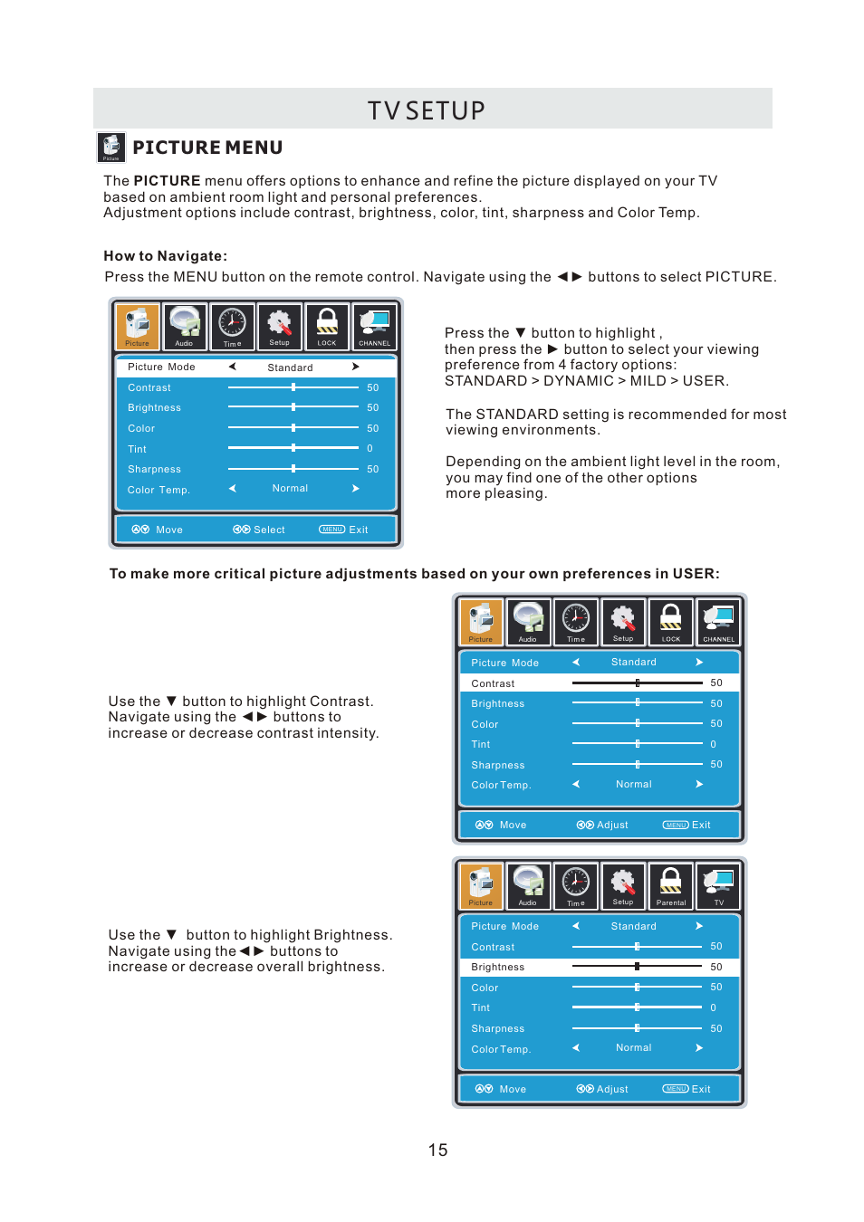 T v setup, Picture menu | Curtis LCDVD2440A User Manual | Page 18 / 45