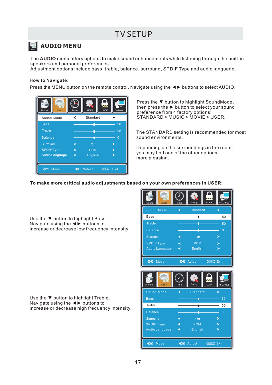 T v setup, Audio menu | Curtis LCDVD2440A User Manual | Page 20 / 45