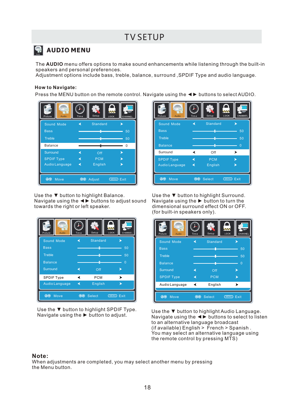 T v setup, Audio menu | Curtis LCDVD2440A User Manual | Page 21 / 45