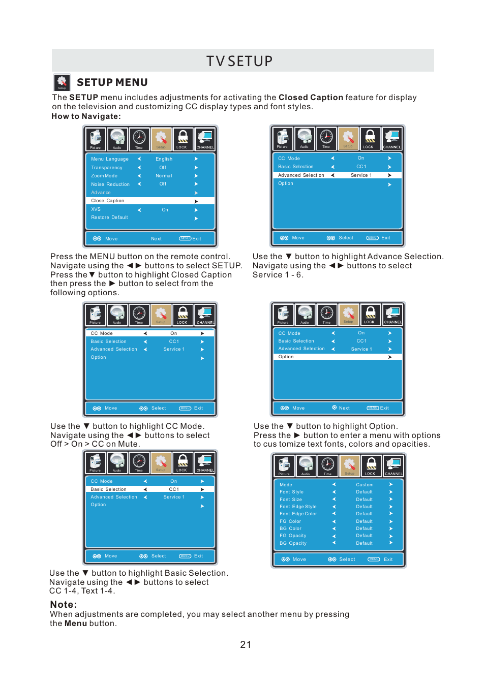 T v setup, Setup menu, How to navigate | Curtis LCDVD2440A User Manual | Page 24 / 45