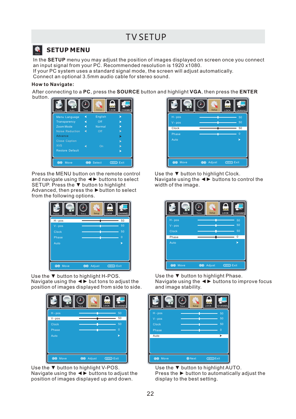 T v setup, Setup menu, How to navigate | Curtis LCDVD2440A User Manual | Page 25 / 45