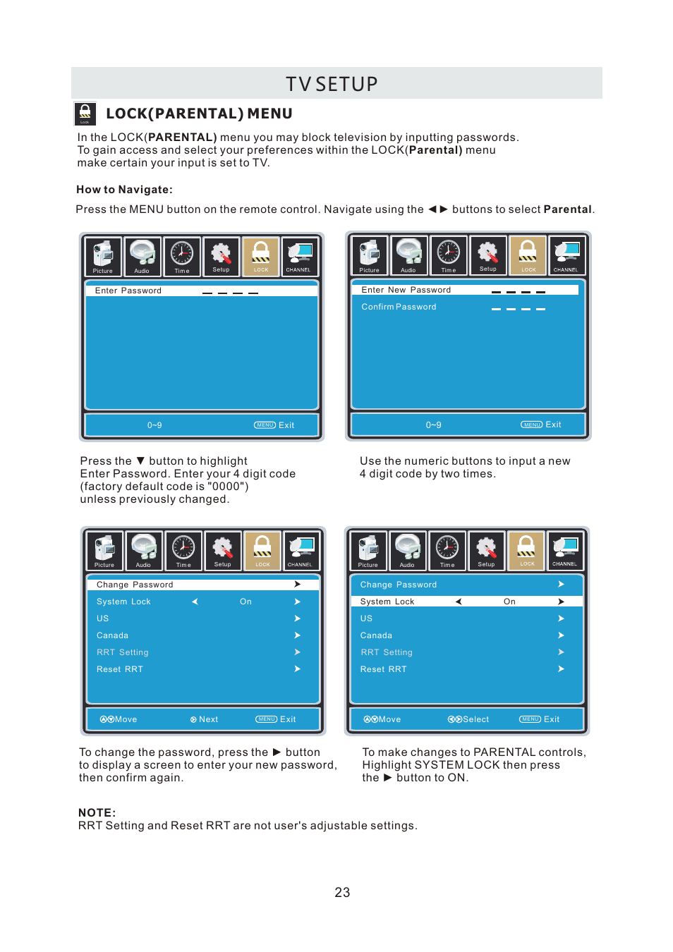 T v setup, Lock(parental) menu | Curtis LCDVD2440A User Manual | Page 26 / 45