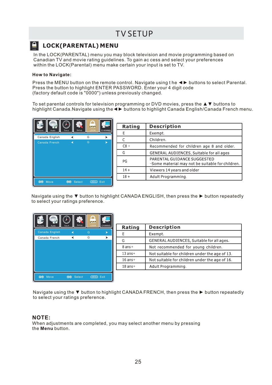 T v setup, Lock(parental) menu, How to navigate | Curtis LCDVD2440A User Manual | Page 28 / 45