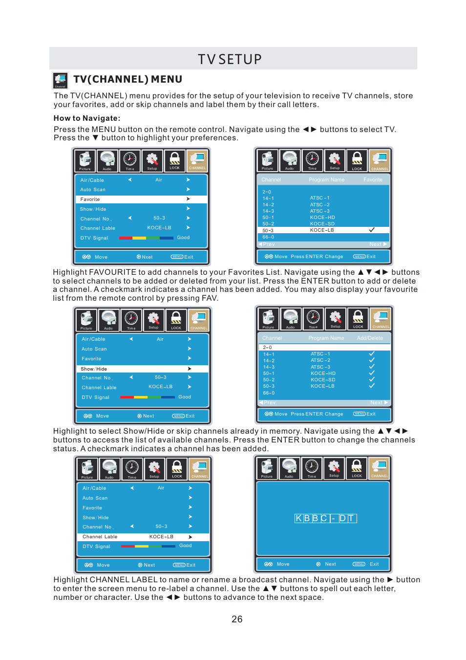 T v setup, Tv(channel) menu, How to navigate | Curtis LCDVD2440A User Manual | Page 29 / 45