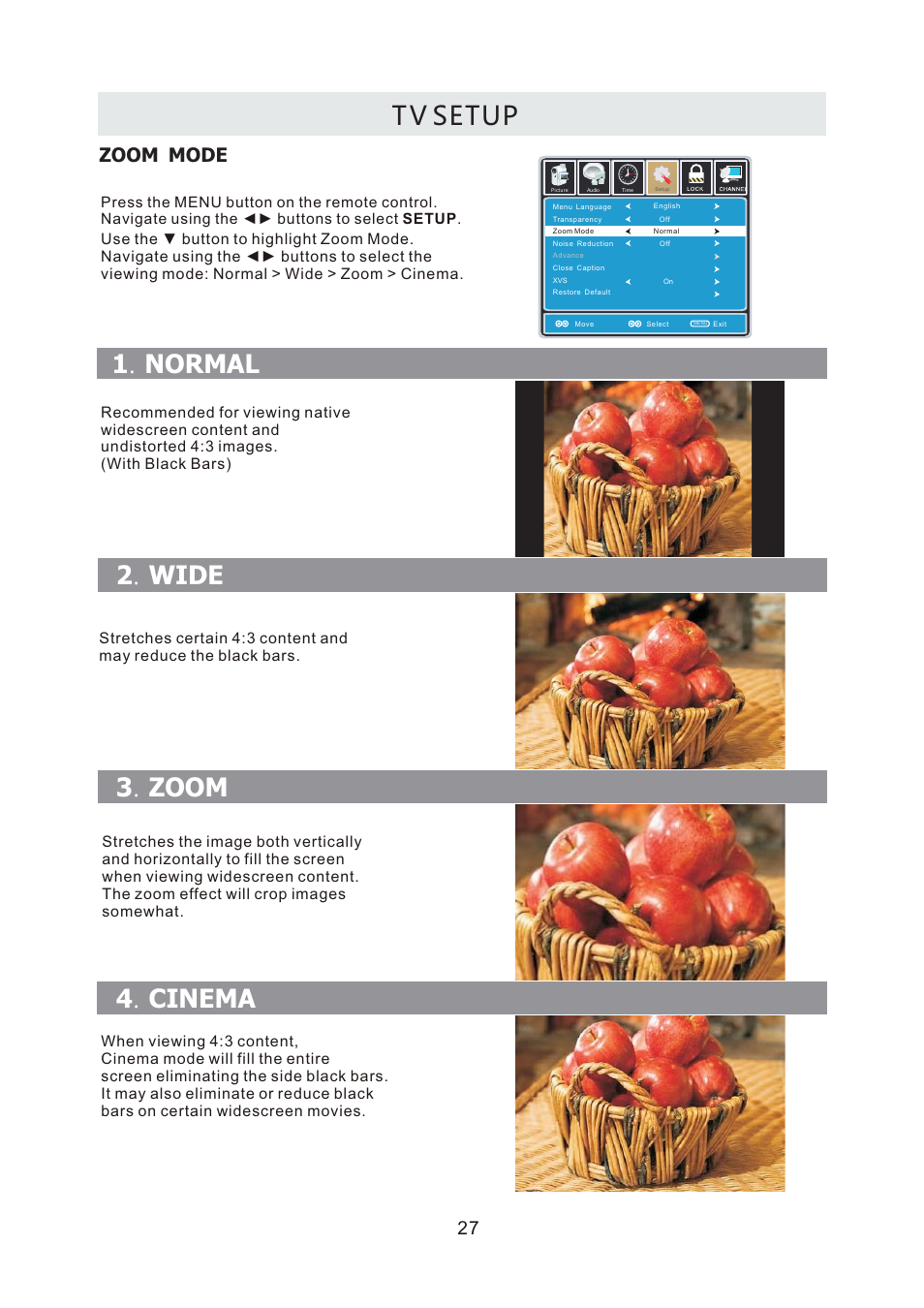 T v setup, 1 normal . 2 wide . 3 zoom . 4 cinema, Zoom mode | Curtis LCDVD2440A User Manual | Page 30 / 45