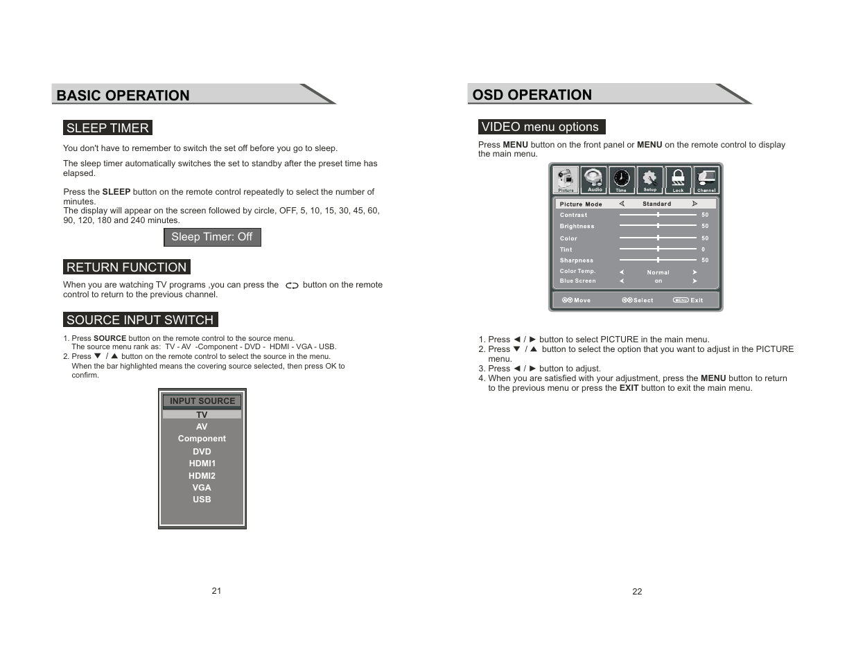Basic operation, Osd operation, Sleep timer return function | Source input switch, Video menu options | Curtis LCDVD2454A-B User Manual | Page 12 / 23