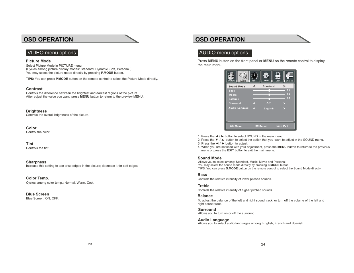 Osd operation, Video menu options, Audio menu options | Curtis LCDVD2454A-B User Manual | Page 13 / 23