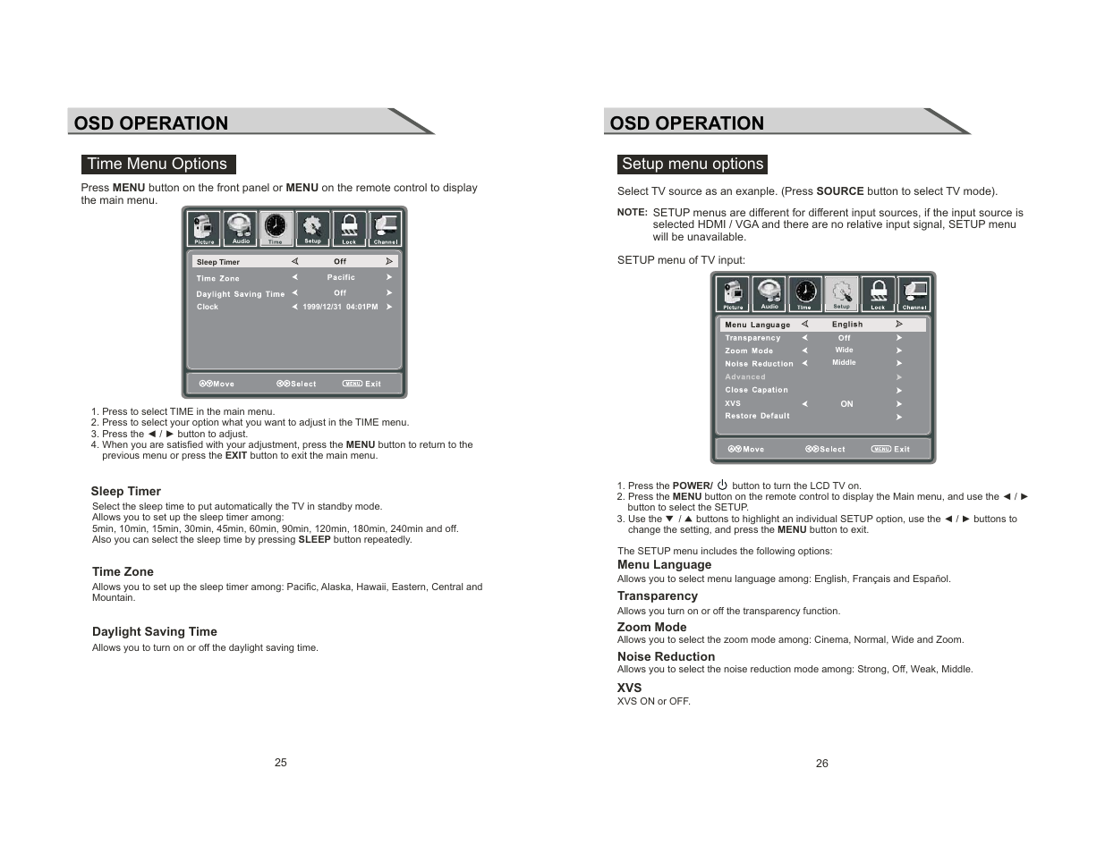 Osd operation, Time menu options, Setup menu options | Curtis LCDVD2454A-B User Manual | Page 14 / 23