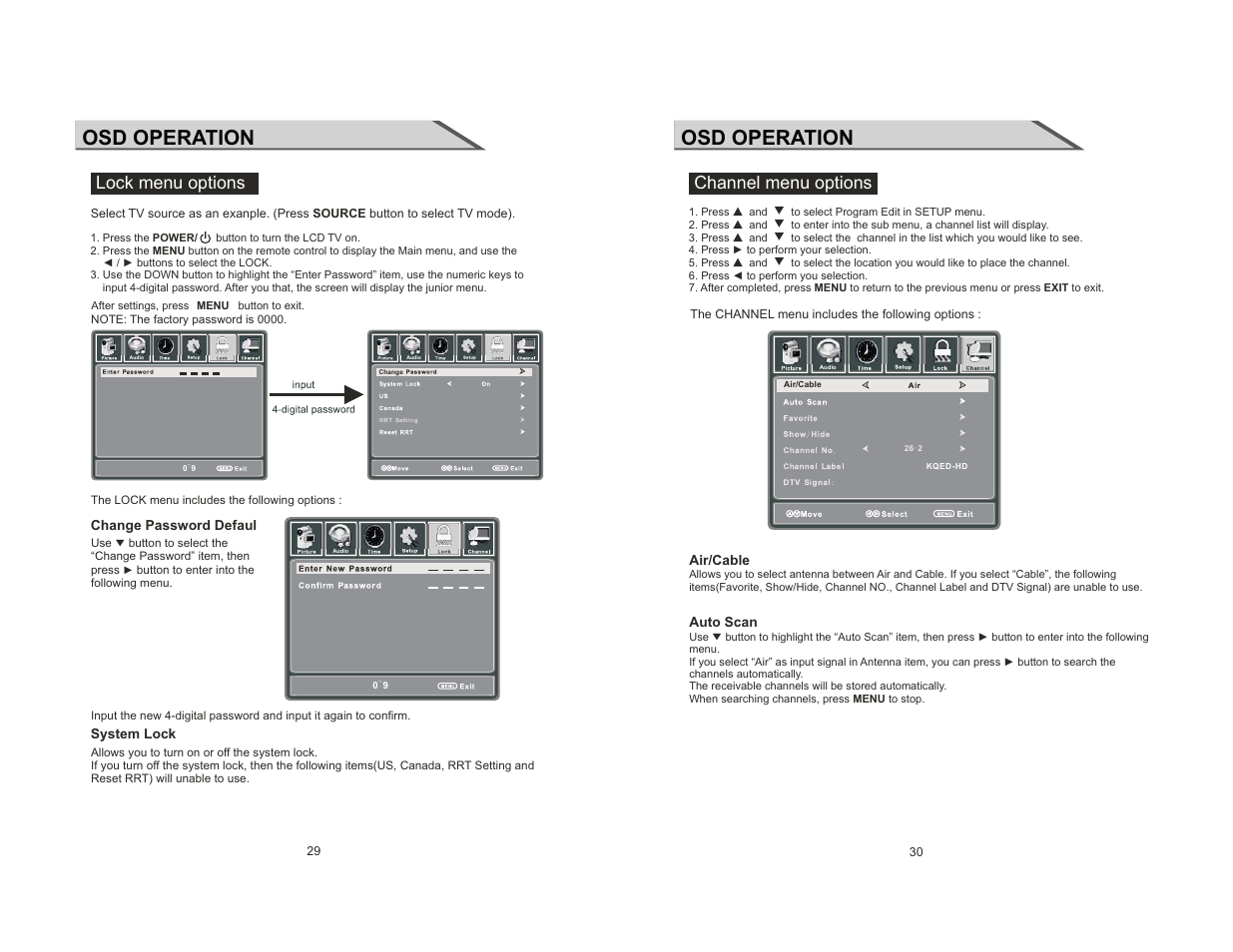 Osd operation, Lock menu options, Channel menu options | Curtis LCDVD2454A-B User Manual | Page 16 / 23