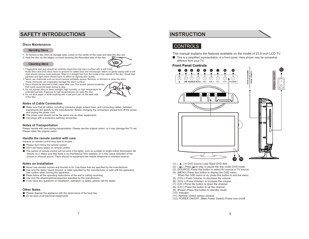 Safety introductions, Instruction, Controls | Curtis LCDVD2454A-B User Manual | Page 5 / 23