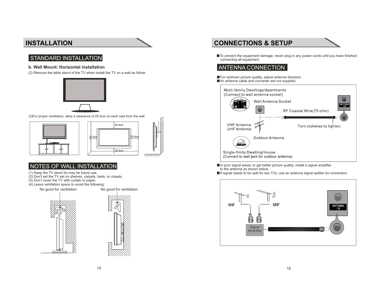 Installation, Connections & setup, Standard installation | Antenna connection | Curtis LCDVD2454A-B User Manual | Page 9 / 23
