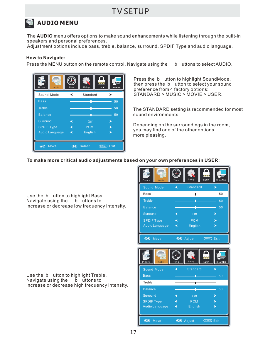 T v setup, Audio menu | Curtis LCDVD322A User Manual | Page 20 / 45