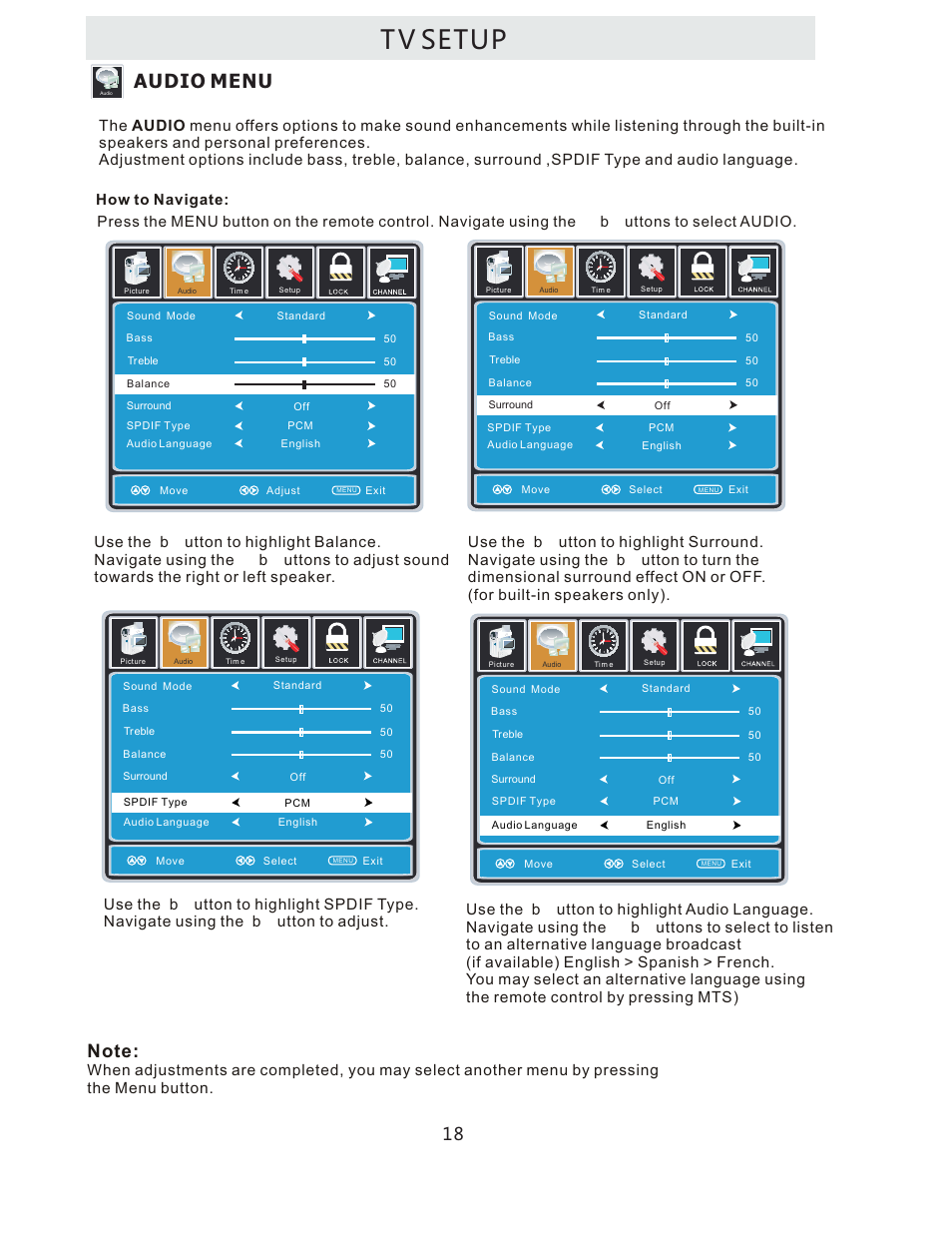 T v setup, Audio menu | Curtis LCDVD322A User Manual | Page 21 / 45