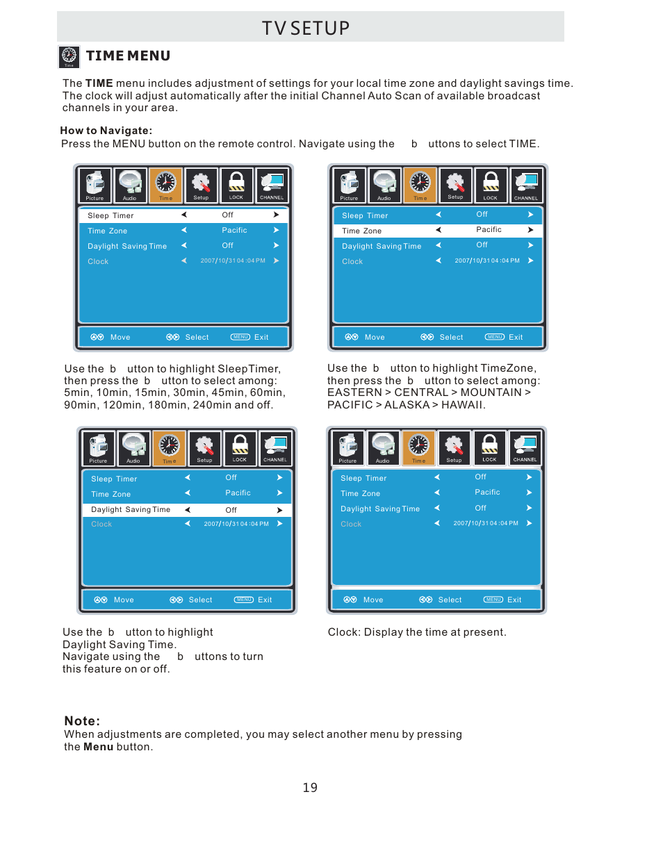 T v setup, Time menu | Curtis LCDVD322A User Manual | Page 22 / 45