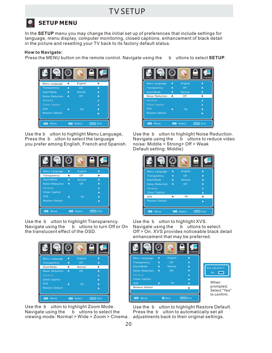 T v setup, Setup menu | Curtis LCDVD322A User Manual | Page 23 / 45