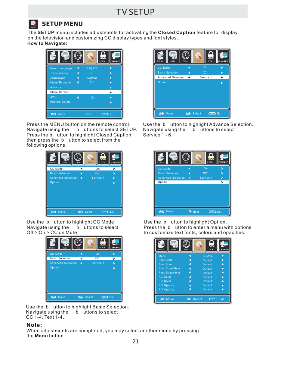 T v setup, Setup menu | Curtis LCDVD322A User Manual | Page 24 / 45