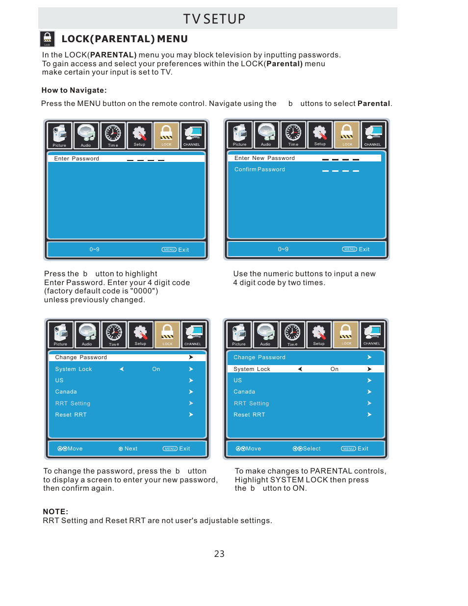 T v setup, Lock(parental) menu | Curtis LCDVD322A User Manual | Page 26 / 45