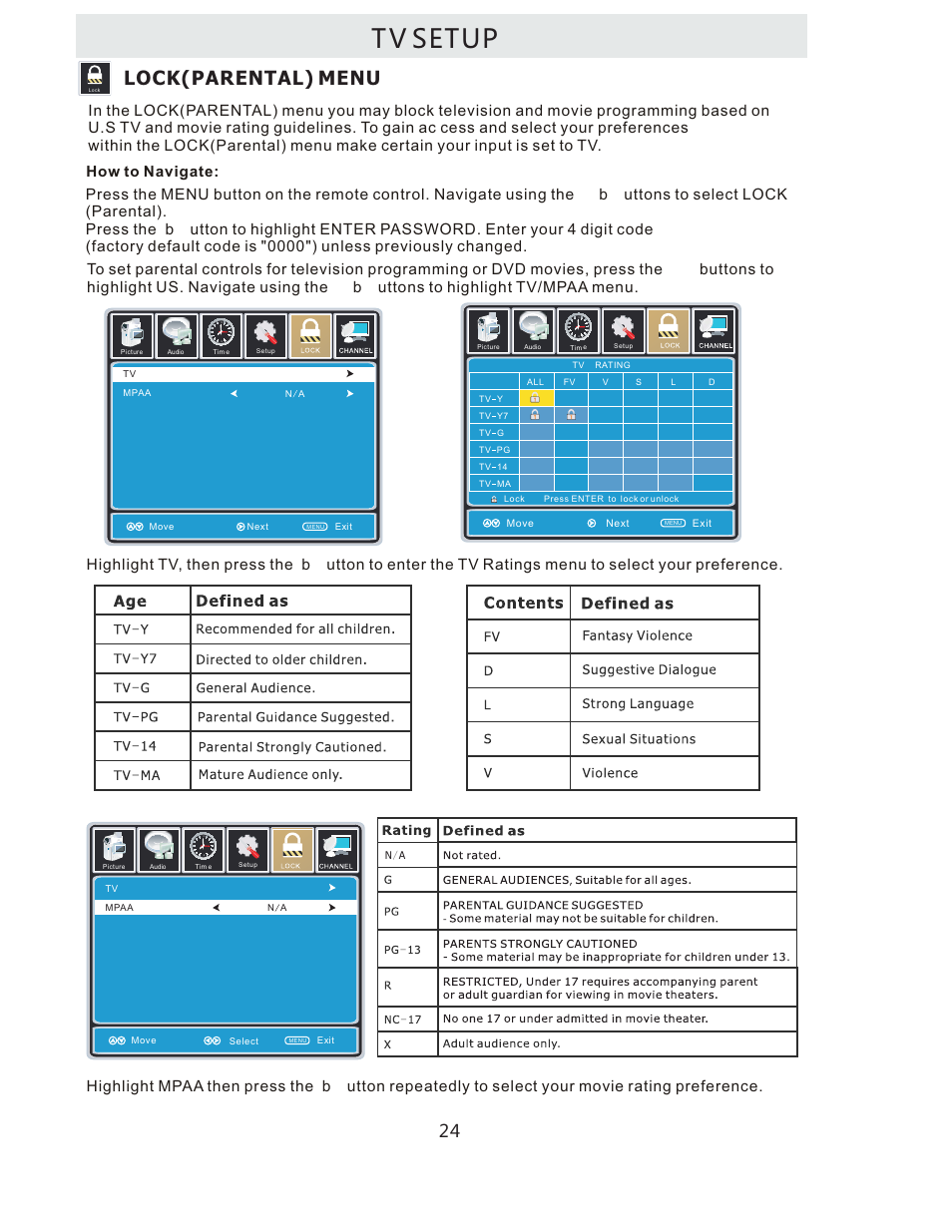 T v setup, Lock(parental) menu | Curtis LCDVD322A User Manual | Page 27 / 45