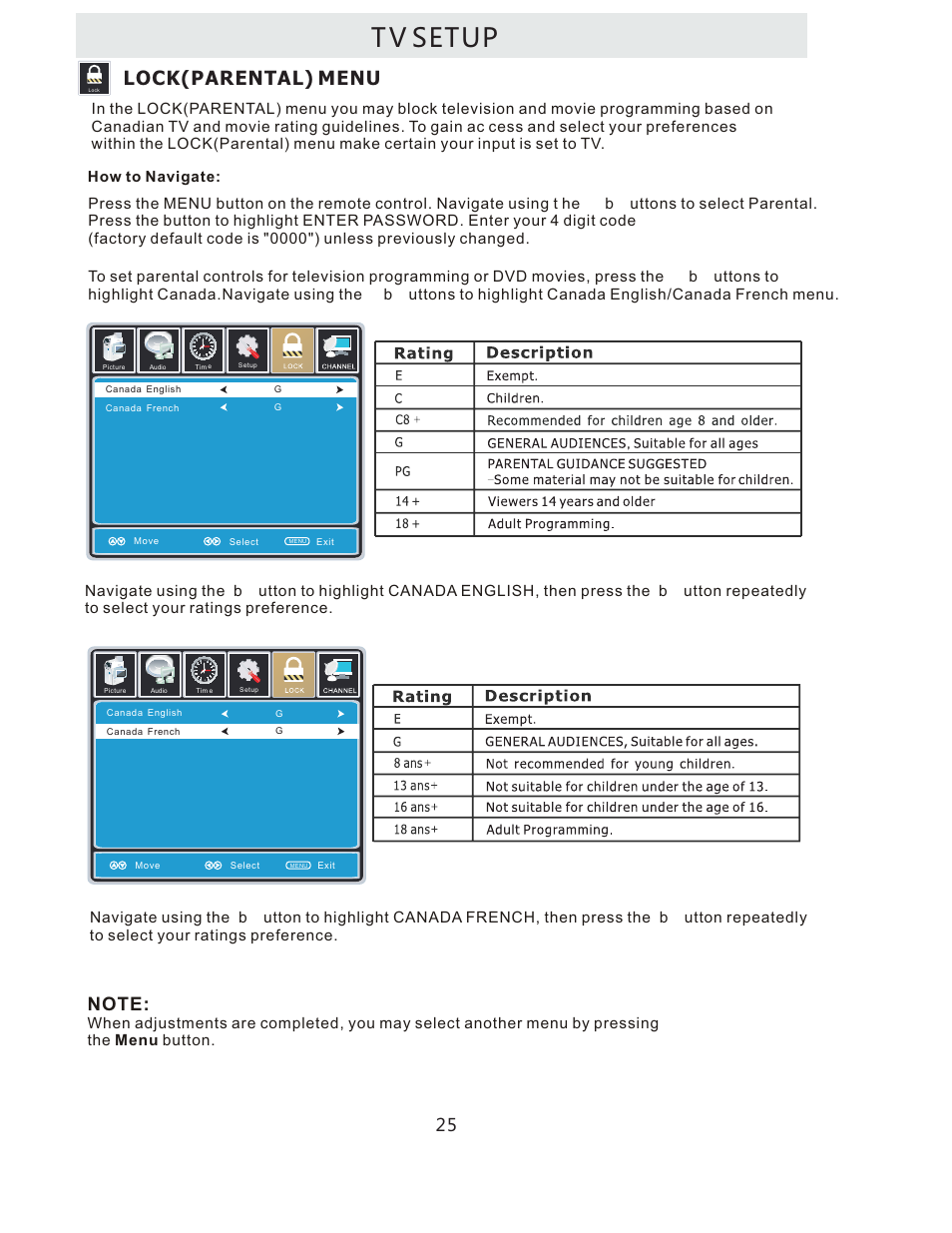 T v setup, Lock(parental) menu | Curtis LCDVD322A User Manual | Page 28 / 45